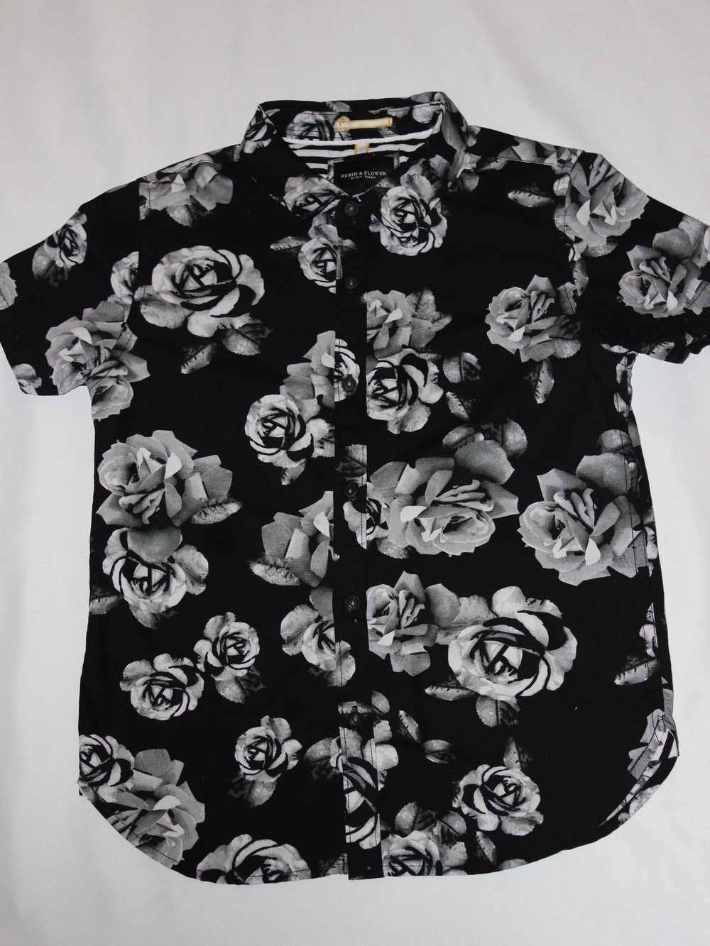 Boys Black Rose Print Short-Sleeve Button-Up Shirt